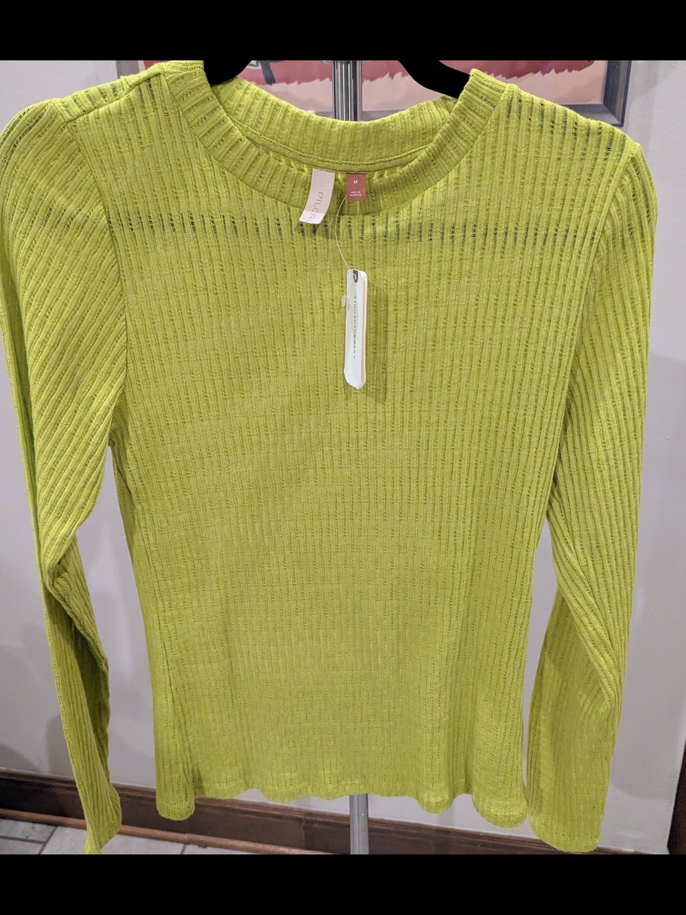NWT Pilcro Anthropologie Ribbed Long Sleeve Top, Vibrant Chartreuse, Size M $28